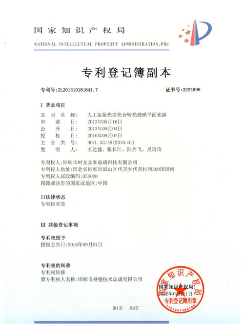 轉(zhuǎn)光玻璃平面光源專利證書